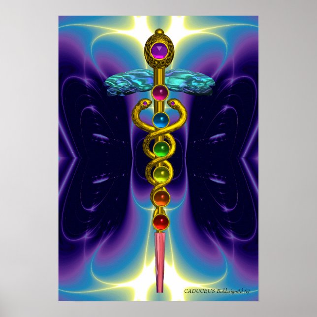 CADUCEUS OCH 7 CHAKRAS , pulserande guld ametist Poster (Framsidan)