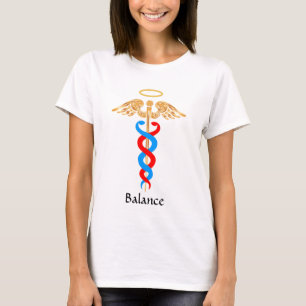 Caduceus symbol i gyllene, blå och röd t shirt