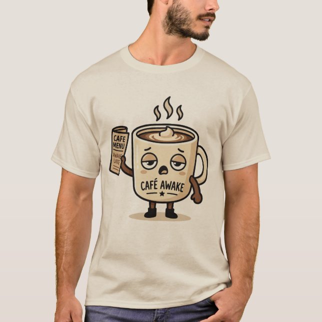 Café Awake Cute Sleepy Coffee Mascot Illustration T Shirt (Framsida)