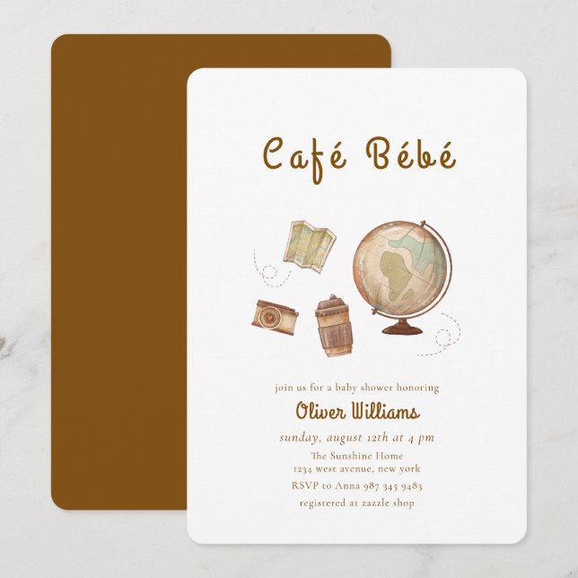 Café Bébé Äventyrs Glob Kaffe Baby shower Inbjudningar (Fram/baksida)