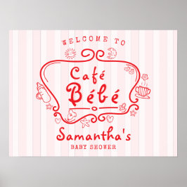 Café Bébé Fransk Modern Rosa Red Girl Baby Shower Poster