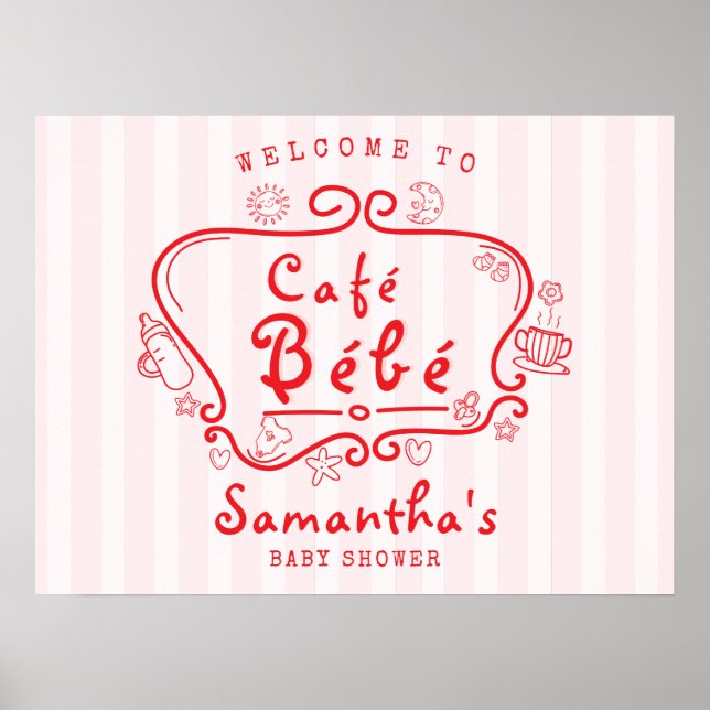 Café Bébé Fransk Modern Rosa Red Girl Baby Shower Poster (Framsidan)