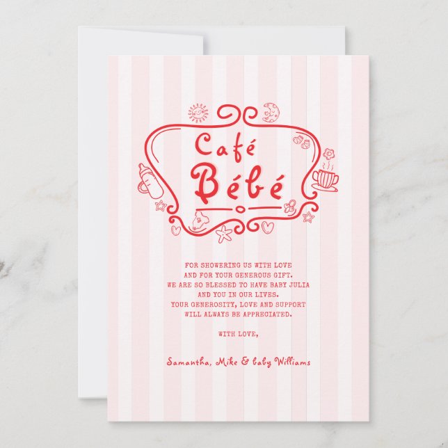 Café Bébé Fransk Modern Rosa Red Girl Baby Shower Tack Kort (Framsida)