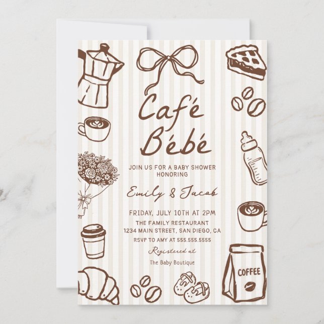 Cafe Bebe Handritad Kaffe Baby Shower Inbjudan (Framsida)