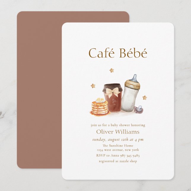 Café Bébé Kaffe Pannkaka Napp Nyfödd baby-fest Inbjudningar (Fram/baksida)
