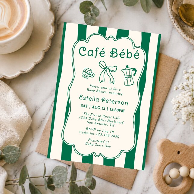 Cafe Bebe Kaffebutik Söt Grön Rosett Baby Brunch Inbjudningar (Skapare uppladdad)