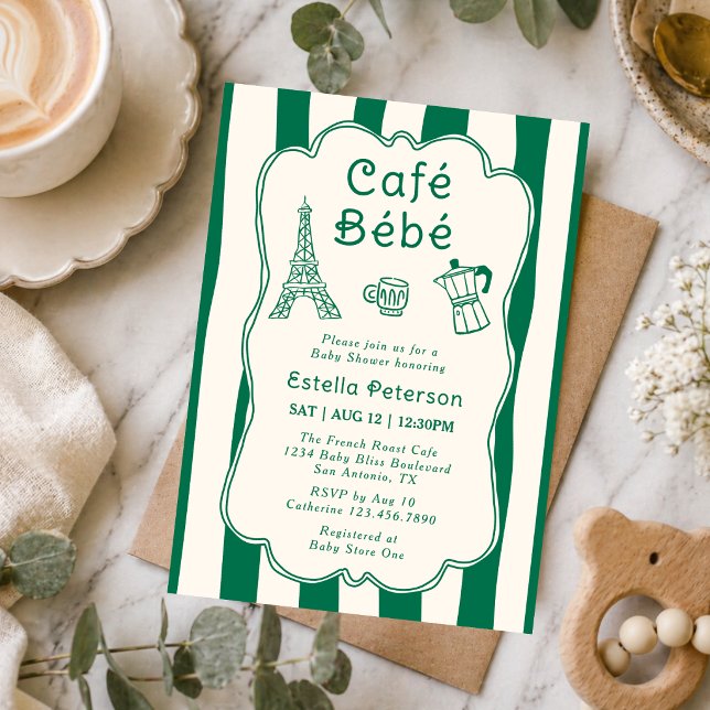 Cafe Bebe Paris Kaffebar Söt Grön Baby Brunch Inbjudningar (Skapare uppladdad)