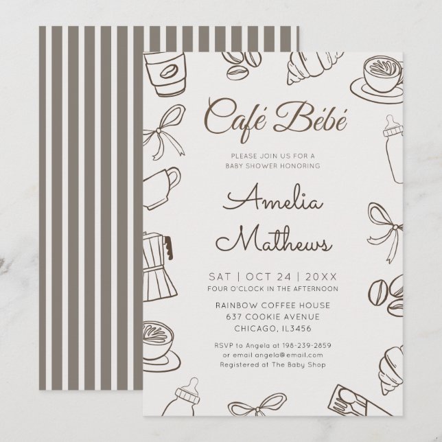 Cafe Bebe Whimsical Coffee & Bow Baby Shower  Inbjudningar (Fram/baksida)