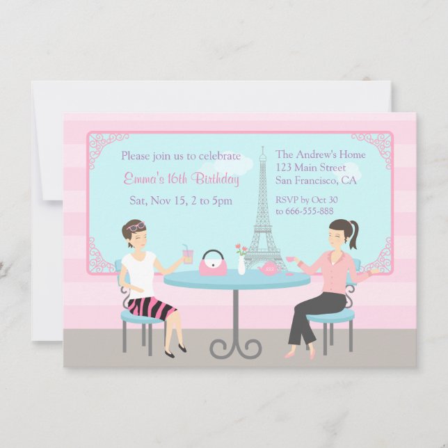 Cafe Eiffel Torn Paris Födelsedagsfest inbjudan (Framsida)