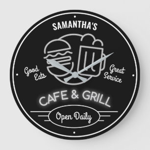 Cafe Grill Fities Neon Effect Black White Retro Stor Klocka
