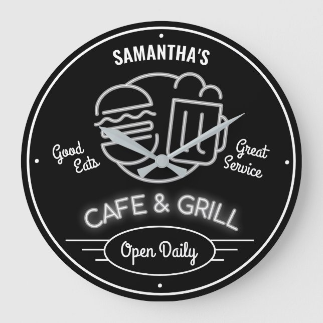 Cafe Grill Fities Neon Effect Black White Retro Stor Klocka (Framsida)