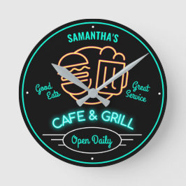 Cafe Grill Retro Femties Neon Effect Namn Rund Klocka