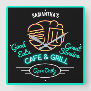 Cafe Grill Retro Fifties Grönt Neon Effect Namn Fyrkantig Klocka