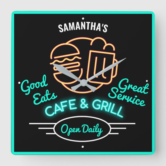  Cafe Grill Retro Fifties Grönt Neon Effect Namn S Fyrkantig Klocka (Framsida)