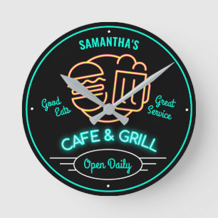 Cafe Grill Retro Fifties Neon Effect Valfri Namn Rund Klocka