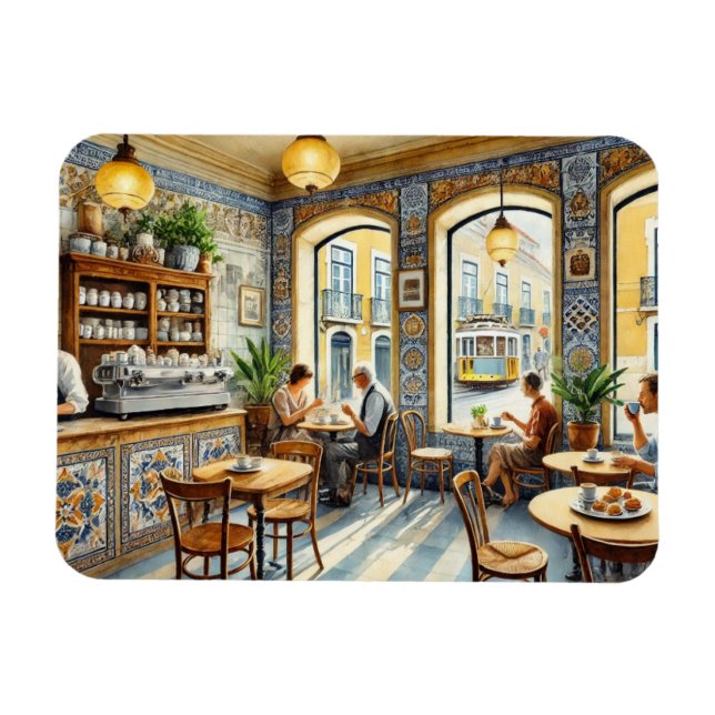 Cafe i Lissabon - Gulten Tram Watercolor Magnet (Horisontell)