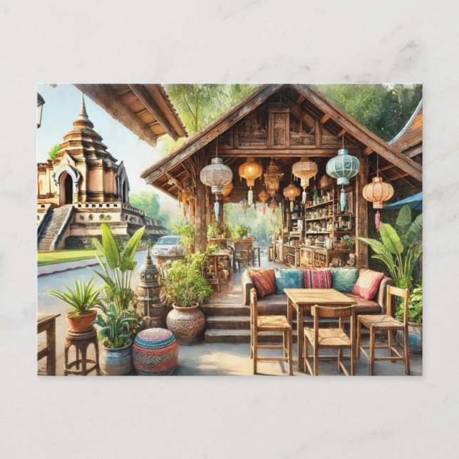 Cafe in Chiang Mai Wat Chedi Luang Vykort (Framsida)