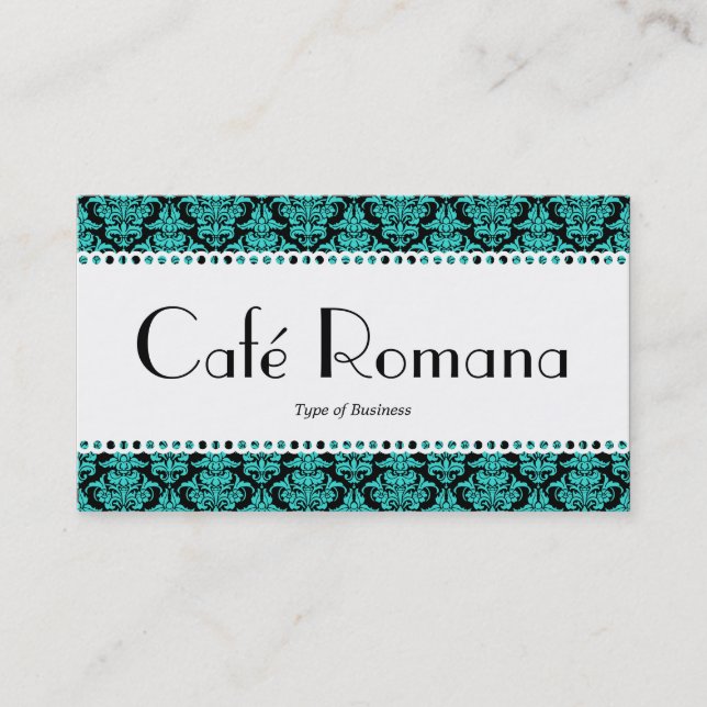 Café Romana (Scalloped) Aqua Damask Visitkort (Framsida)