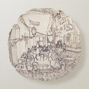 Cafe Terrace på natten, Fine Art Sketch, Van Gogh Rund Kudde