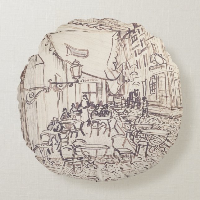 Cafe Terrace på natten, Fine Art Sketch, Van Gogh Rund Kudde (Framsidan)