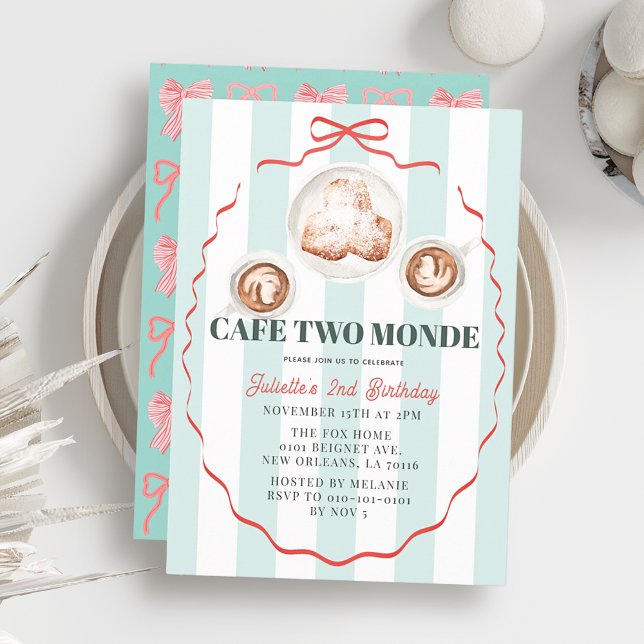 Cafe Two Monde Rosa Båge Kaffe Flicka 2-årsdag Inbjudningar (Skapare uppladdad)