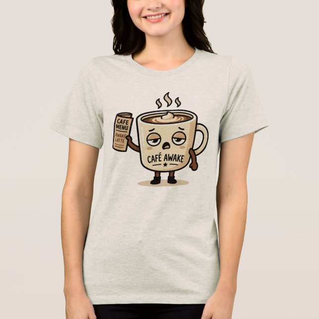 Café Vaken Söt Sömnig Kaffe Maskot Illustration T Shirt (Framsida)