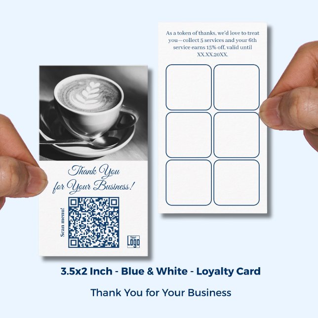Cafe White Blue Logotyp & QR - Tack Lojalitetskort (Cafe White Blue Logo & QR - Thank You Loyalty Card; Size:3.5x2 Inch)