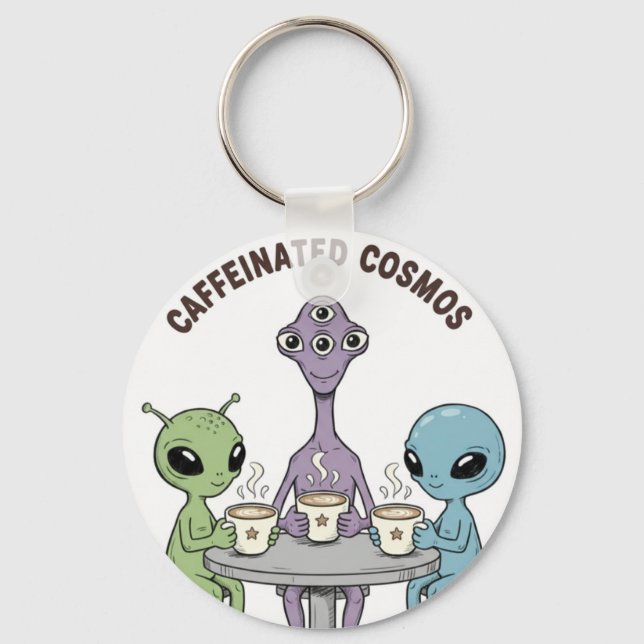 Caffeinated Cosmos Cute Funny Alien Coffee Nyckelring (Framsida)