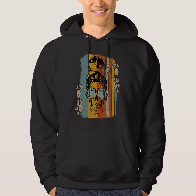 Caffeinated Skeleton Skull Messy Bun Coffee  Mom Hoodie (Framsida)