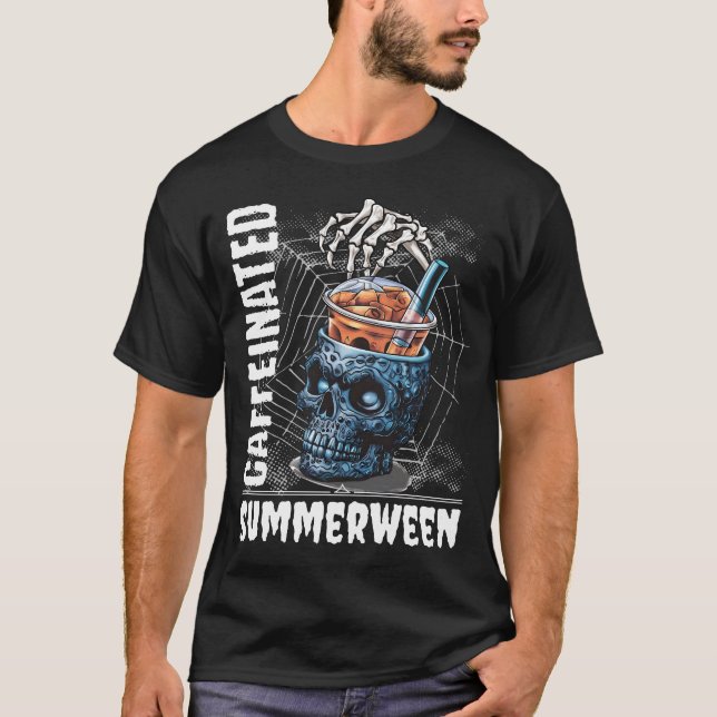 Caffeinated Summerween Skeleton Coffee Halloween T Shirt (Framsida)