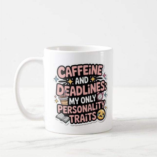 Caffeine and Deadlines Kawaii Student Burnout Kaffemugg (Vänster)