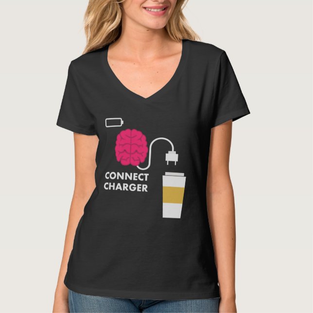 Caffeine Connect Charger Coffee Brain Empty Batter T Shirt (Framsida)