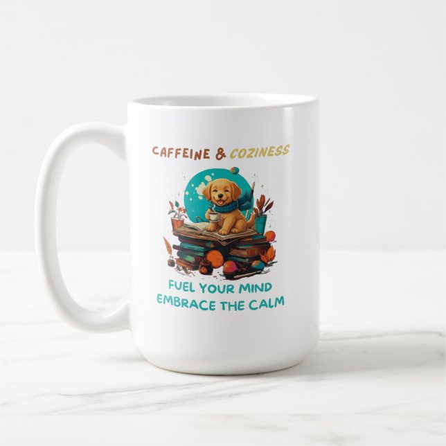 Caffeine & Coziness Golden Retriever Book Kaffemugg (Vänster)
