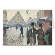 Caillebotte Paris-gatan i regnigt väderkort
