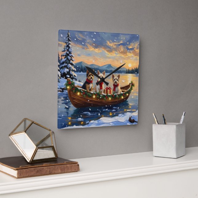 Cairn Terrier Christmas Boat Holiday Fyrkantig Klocka (Kontor)