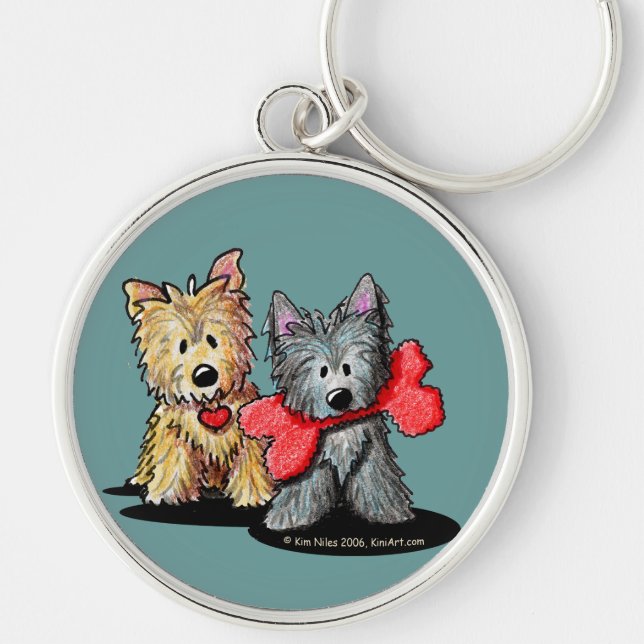 Cairn Terrier Duo Rund Silverfärgad Nyckelring (Framsidan)