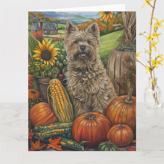 Cairn Terrier Hund Höstskörd Tacksägelse Kort (Gul blomma)