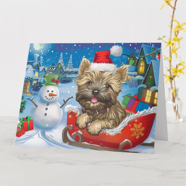 Cairn Terrier Hund i Släd Snö Jul Kort (Gul blomma)