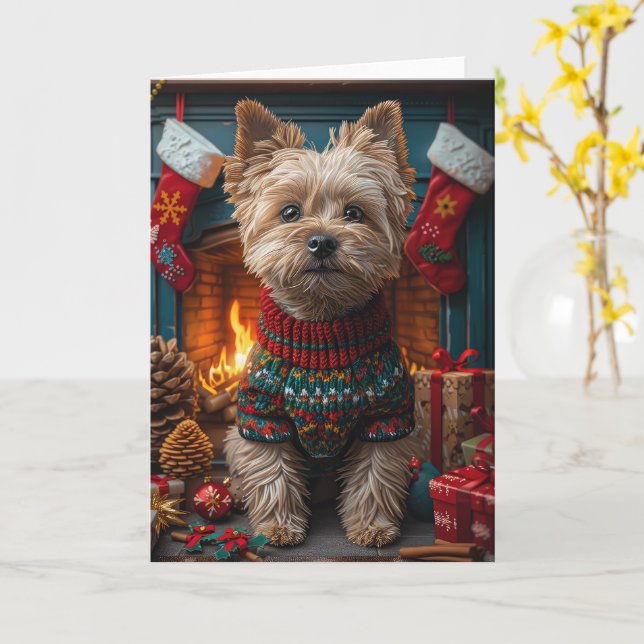 Cairn Terrier Hund Med Julpresenter Öppen Spis Kort (Gul blomma)
