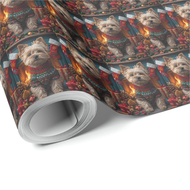 Cairn Terrier Hund Med Julpresenter Öppen Spis Presentpapper (Rulle Hörn)