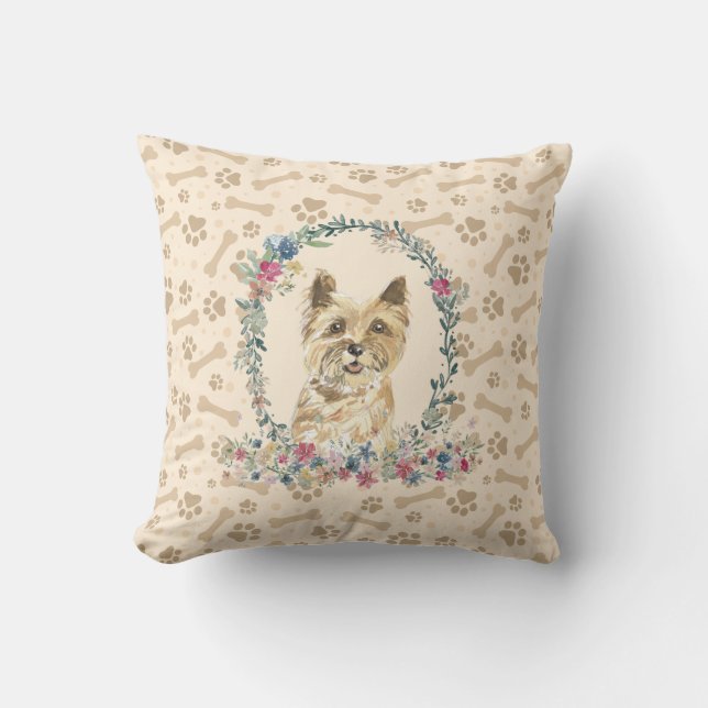 Cairn Terrier Hund Paw Print & Blommigt Cute Kudde (Framsida)