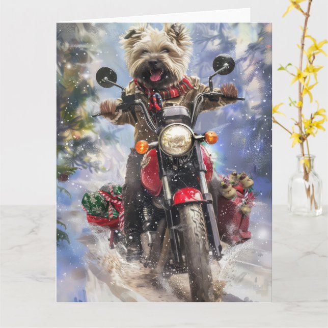 Cairn Terrier Hund Riding Motorcle jul Kort (Gul blomma)
