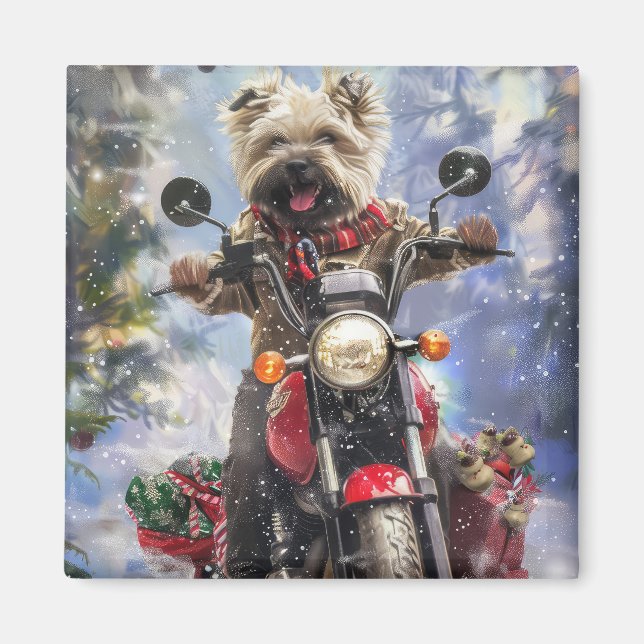 Cairn Terrier Hund Ridning Motorcykel Jul Magnet (Framsidan)