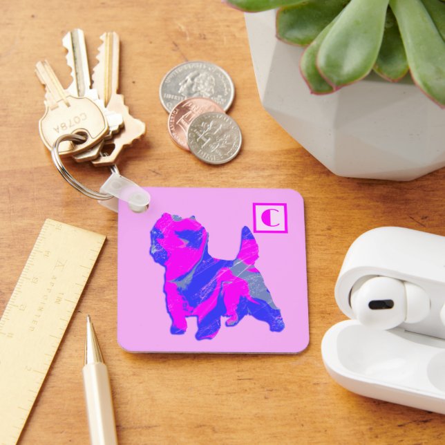 Cairn Terrier Hund Rosa & Blue Silhouette Monogram Nyckelring (Skrivbord)