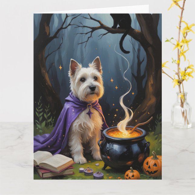 Cairn Terrier Hund Whimsical Halloween-målning Kort (Gul blomma)