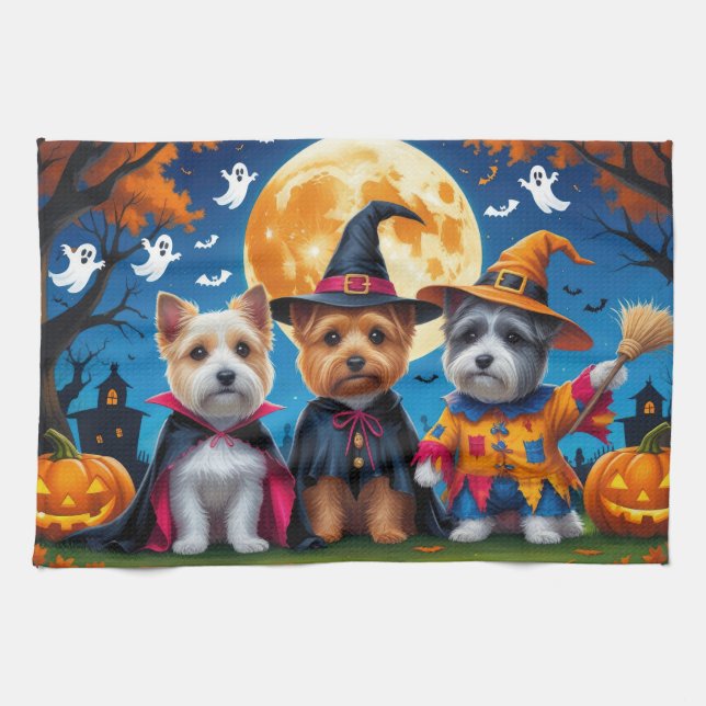 Cairn Terrier Hundar Pumpkin Halloween Roligt Kökshandduk (Horisontell)