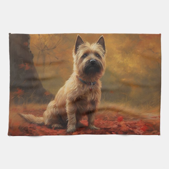 Cairn Terrier i höstlöv Fall Inspire Kökshandduk (Horisontell)
