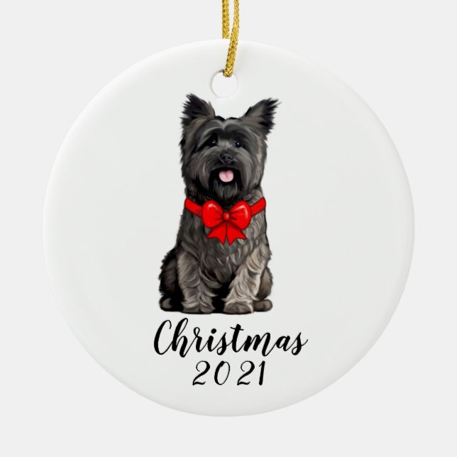 Cairn Terrier i julbåge Datum anpassningsbart   Julgransprydnad Keramik (Framsidan)