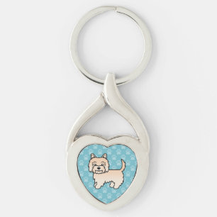 Cairn Terrier Illustration i tecknad stil med kräm Twisted Heart Silverfärgad Nyckelring