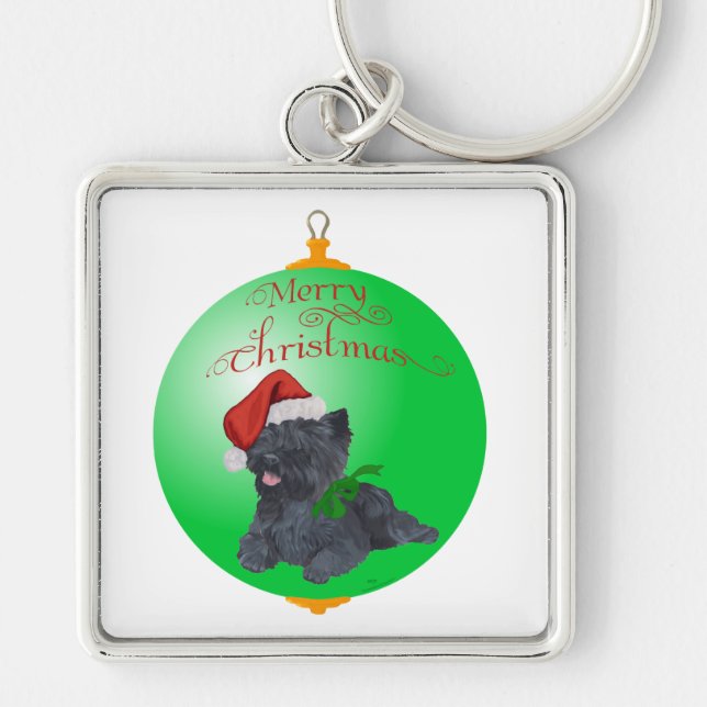 Cairn Terrier Julgranskryddor Fyrkantig Silverfärgad Nyckelring (Framsidan)